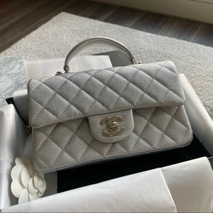 Chanel Classic mini flap with top handle in silver